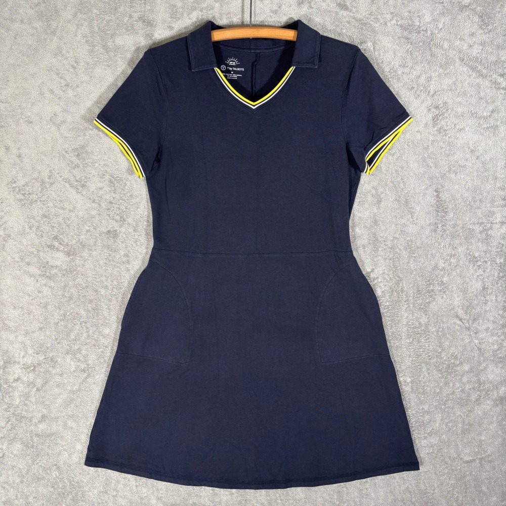 T by Talbots Navy Blue‎ UPF 50 Polo Dress Short Sleeve V-Neck Pockets Size M